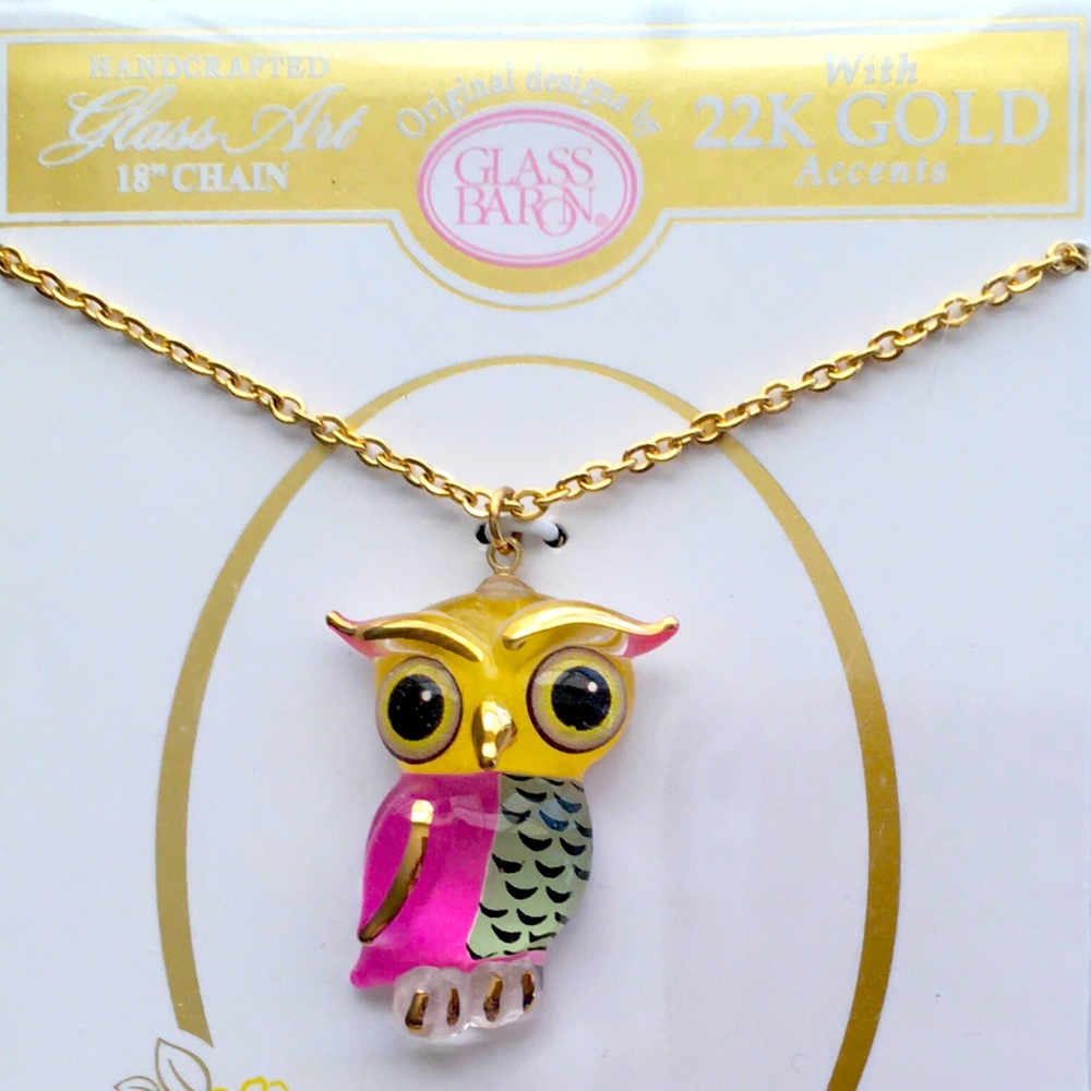 Glass Owl Pendant, 18” Chain, Handcrafted 22K Gold